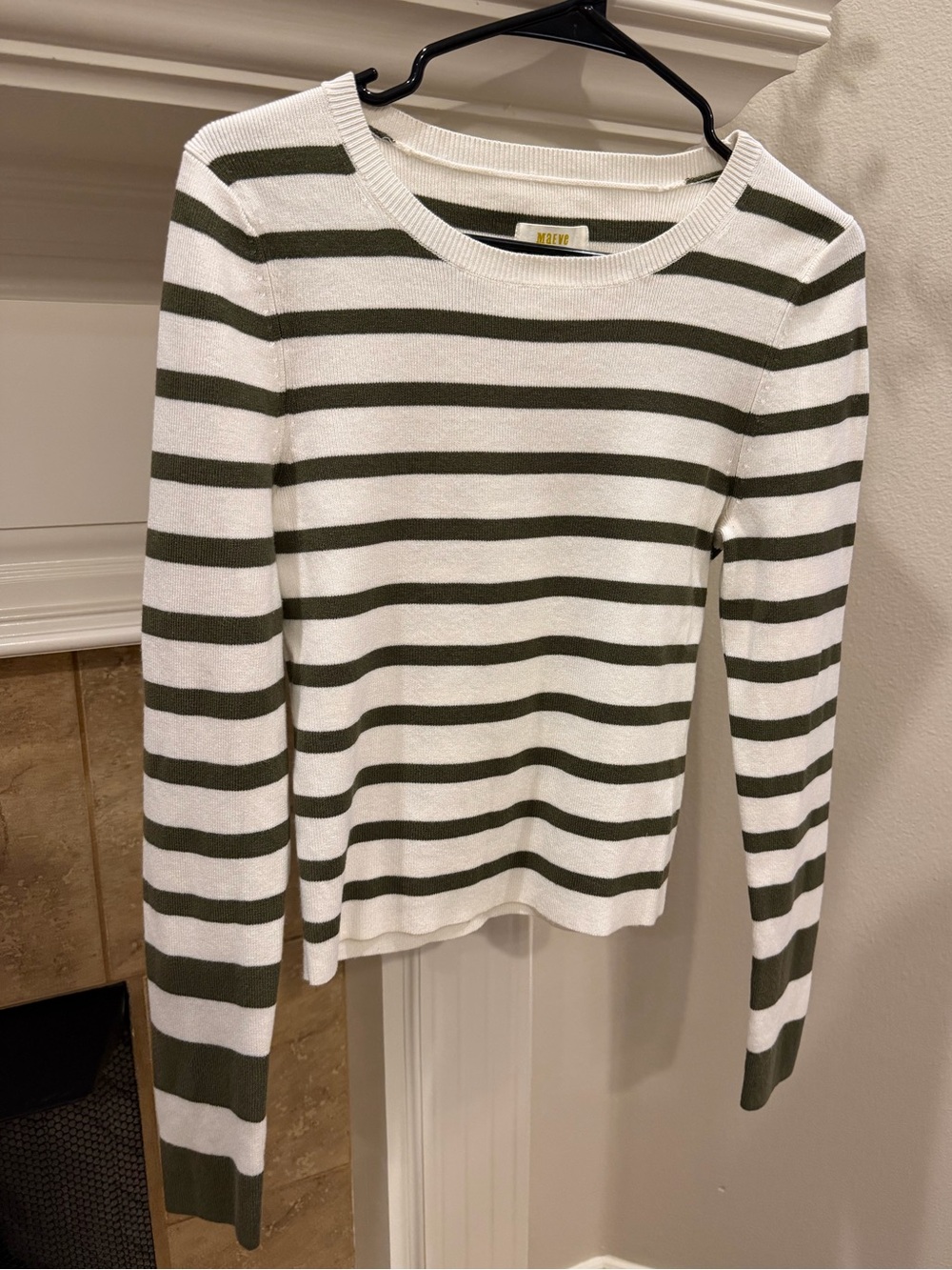 Maeve for Anthropologie striped long-sleeve sweater in olive green and white